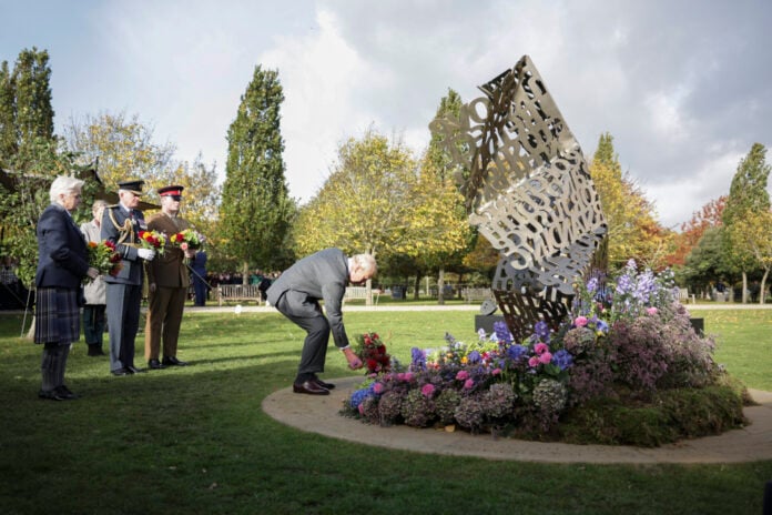 His Majesty the King attends a ceremony to dedicate a new memorial to the Armed Forces LGBT+ community at the National Memorial Arboretum in Staffordshire.